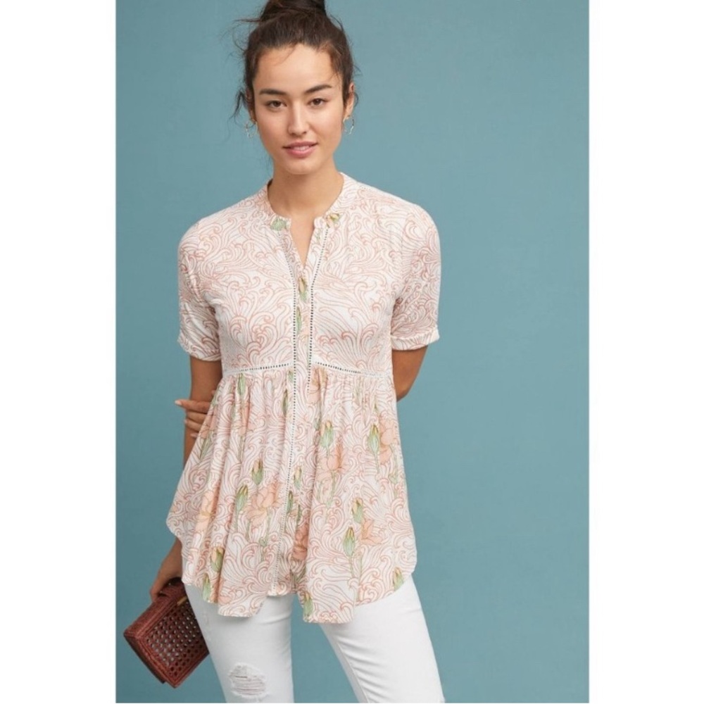 Anthropologie Akemi + Kin Veria Peplum Tunic Tan Size M Floral Short Sleeve